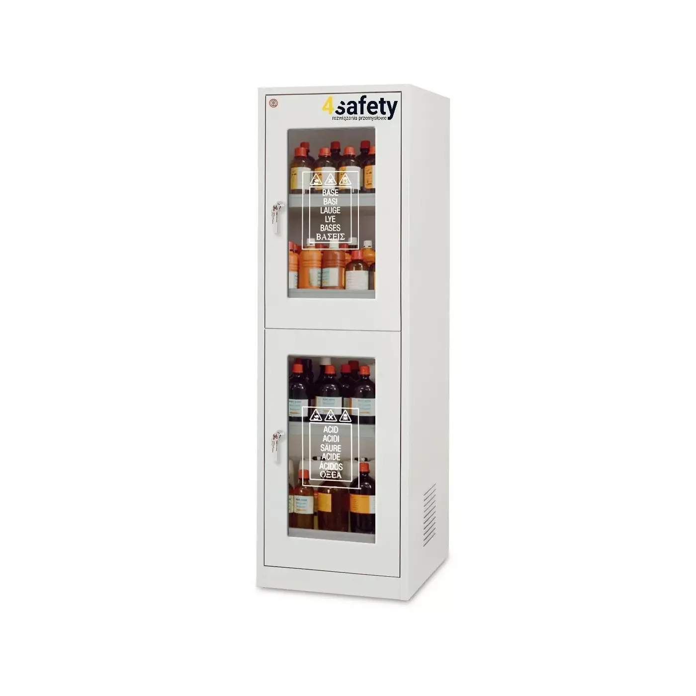 Szafa zabezpieczająca na chemikalia i substancje żrące ze ścianą działową i przeszklonymi drzwiami rozmiar M 600 x 600 x 1950 mm
