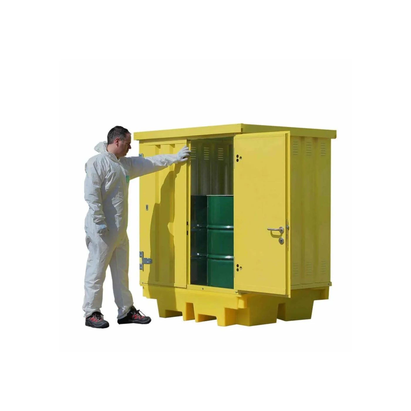Stanowisko robocze z obudową z blachy ocynkowanej pod 4 beczki 1480 x 1385 x 1865 mm, żółte