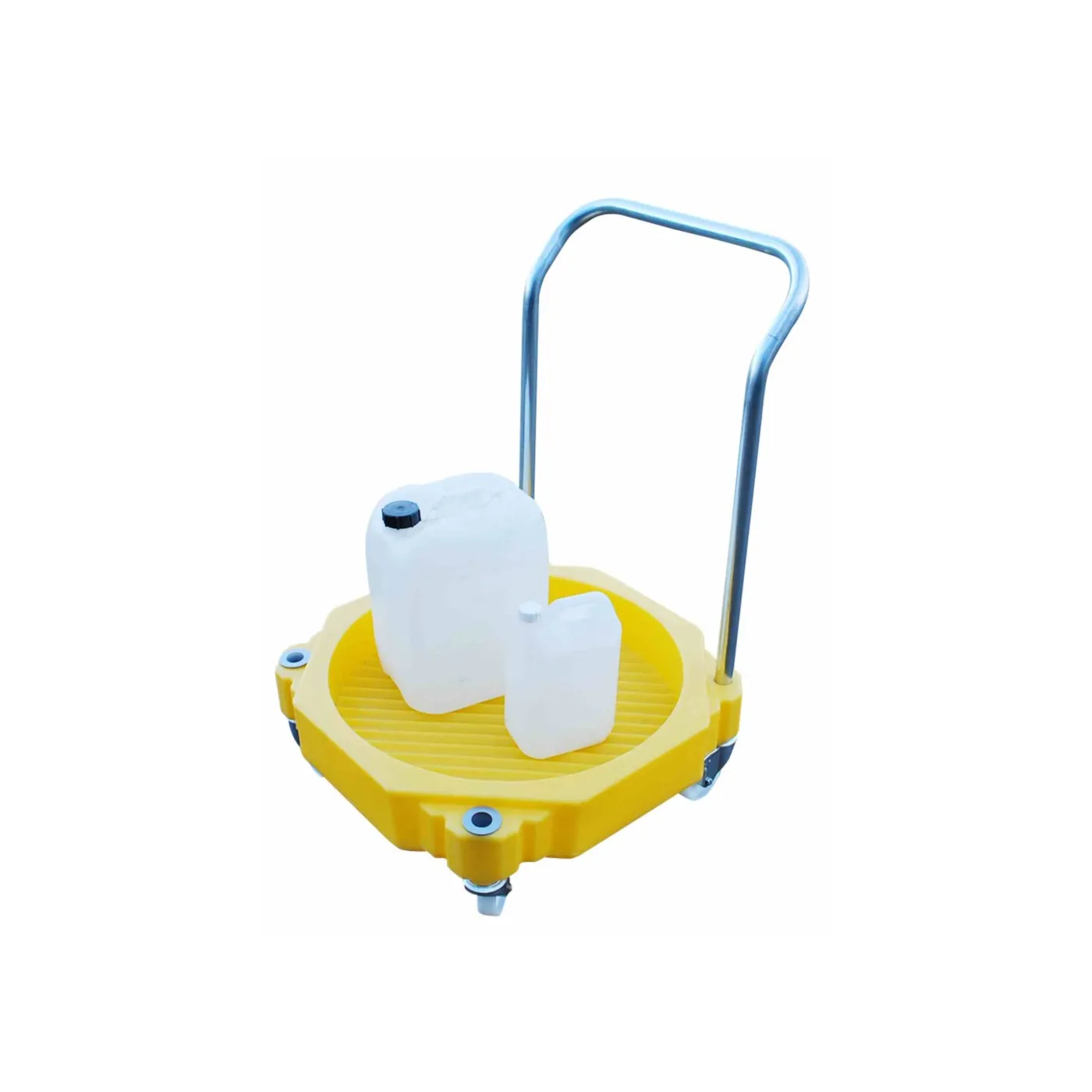 Wózek polietylenowy pod 1 beczkę z uchwytem 725 x 725 x 990 mm, żółty