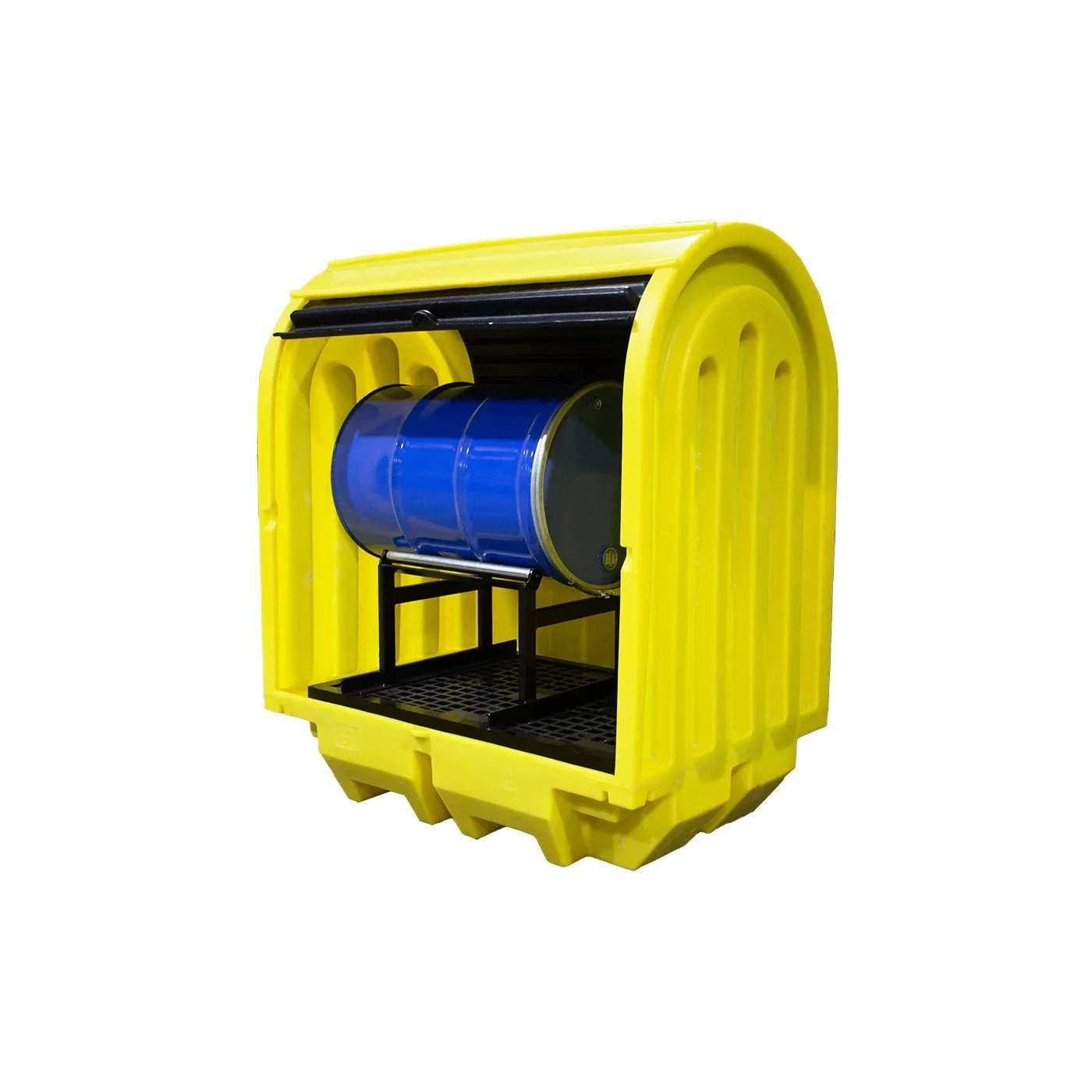 Stanowisko robocze z drzwiami suwnymi pod 2 beczki z kołyską 1450 x 1020 x 1690 mm, 230 l, żółte