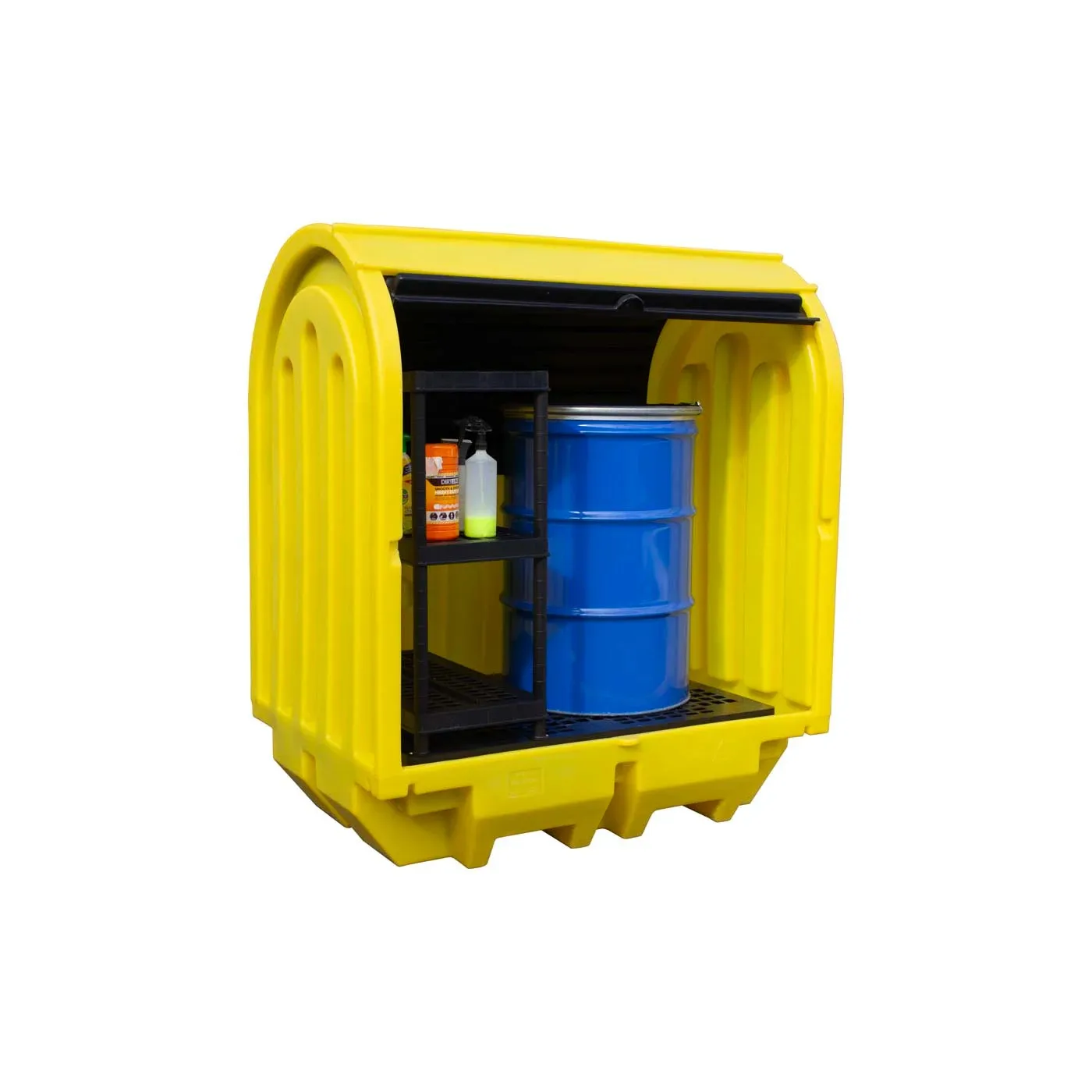 Stanowisko robocze z drzwiami suwnymi pod 2 beczki, z półkami, 230 l