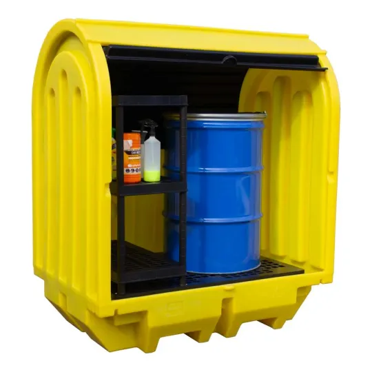Stanowisko robocze z drzwiami suwnymi pod 2 beczki, z półkami, 230 l