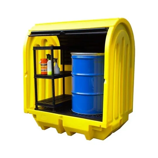 Stanowisko robocze z drzwiami suwnymi pod 2 beczki, z półkami, 230 l